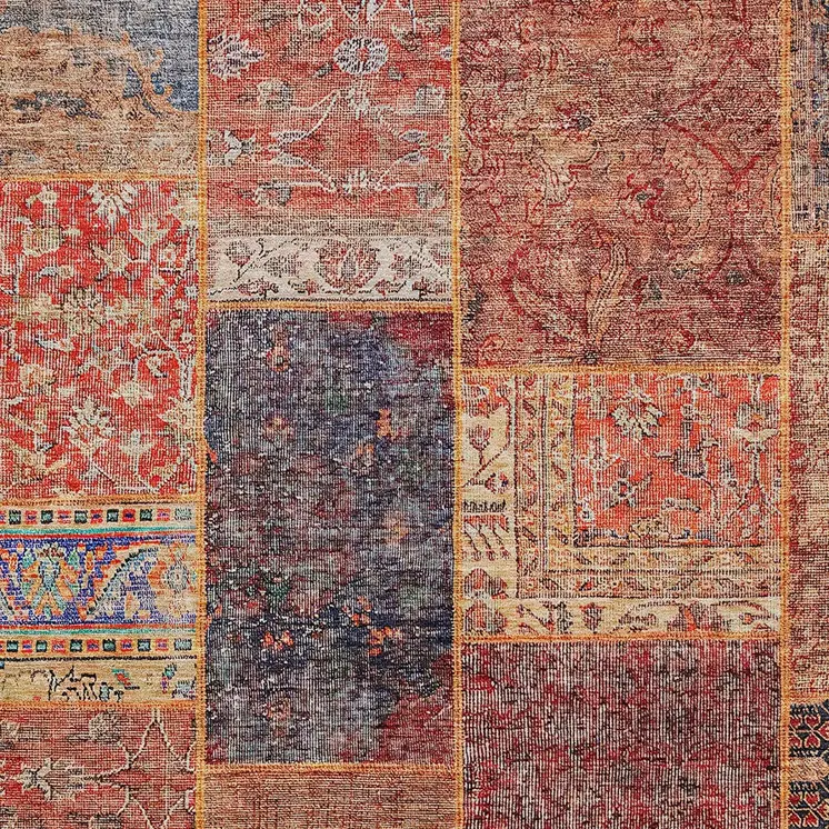 8' X 10' Red Orange And Blue Patchwork Washable Indoor Outdoor Area Rug