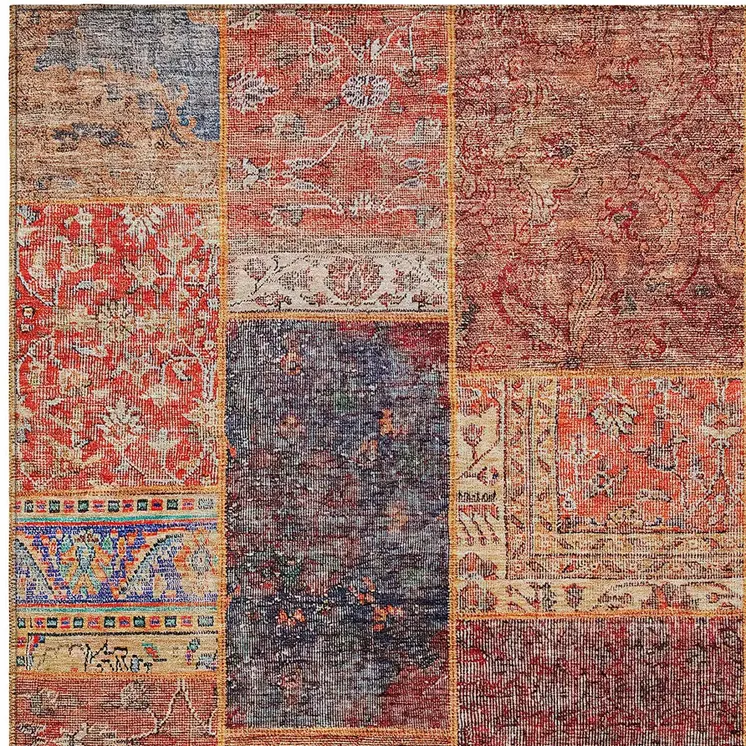 9' X 12' Red Orange And Blue Patchwork Washable Indoor Outdoor Area Rug