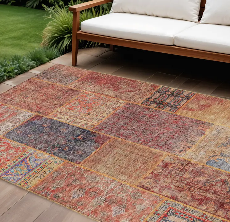 10' X 14' Red Orange And Blue Patchwork Washable Indoor Outdoor Area Rug