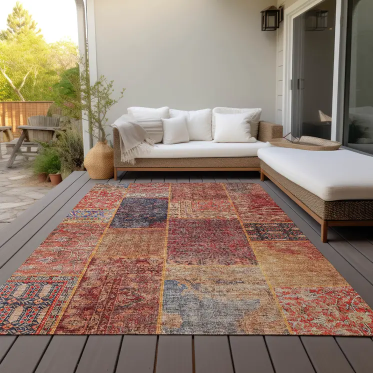 10' X 14' Red Orange And Blue Patchwork Washable Indoor Outdoor Area Rug