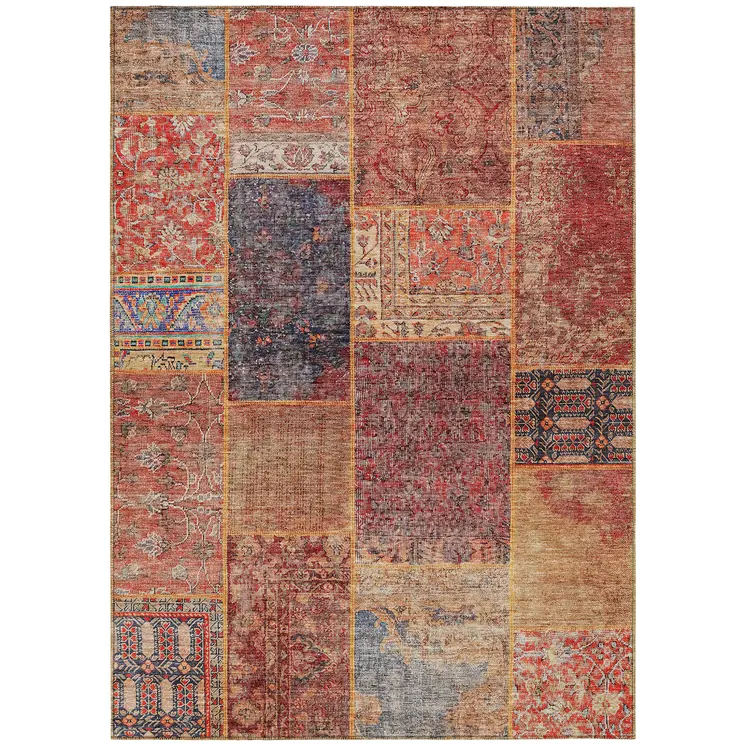 10' X 14' Red Orange And Blue Patchwork Washable Indoor Outdoor Area Rug