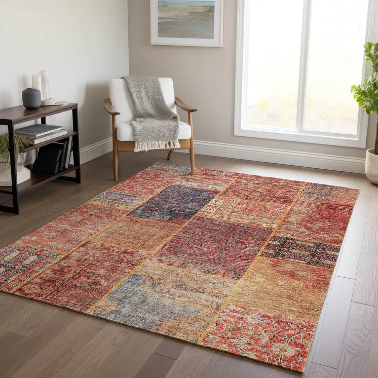 10' X 14' Red Orange And Blue Patchwork Washable Indoor Outdoor Area Rug