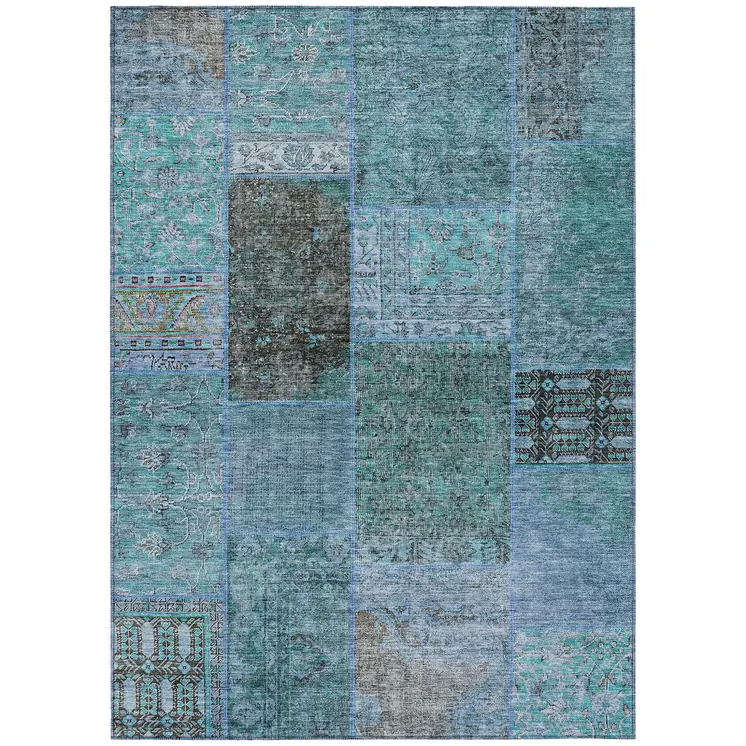 3' X 5' Teal Blue Aqua And Gray Patchwork Washable Indoor Outdoor Area Rug