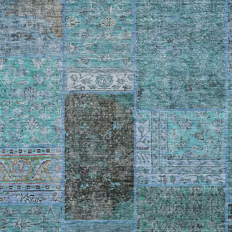 3' X 5' Teal Blue Aqua And Gray Patchwork Washable Indoor Outdoor Area Rug