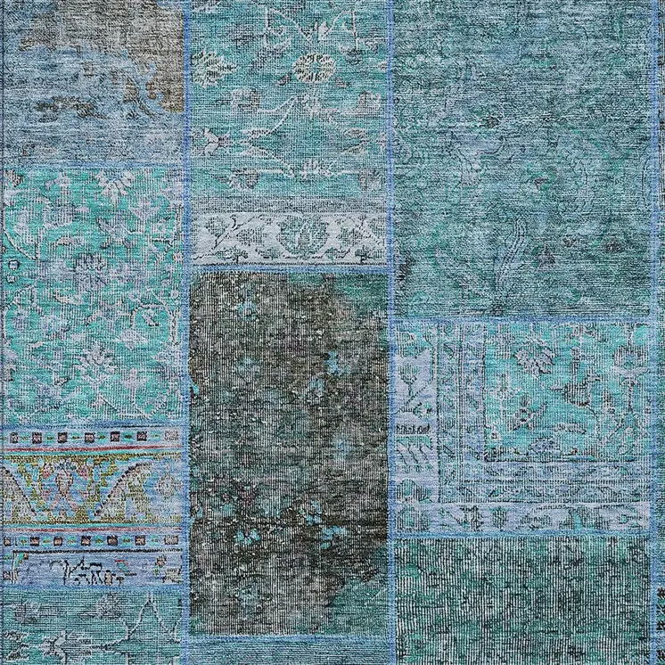 5' X 8' Teal Blue Aqua And Gray Patchwork Washable Indoor Outdoor Area Rug