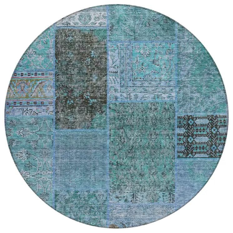 8' Teal Blue Aqua And Gray Round Patchwork Washable Indoor Outdoor Area Rug