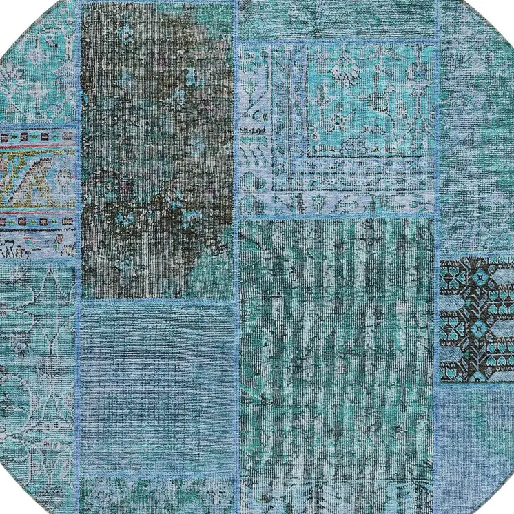 8' Teal Blue Aqua And Gray Round Patchwork Washable Indoor Outdoor Area Rug