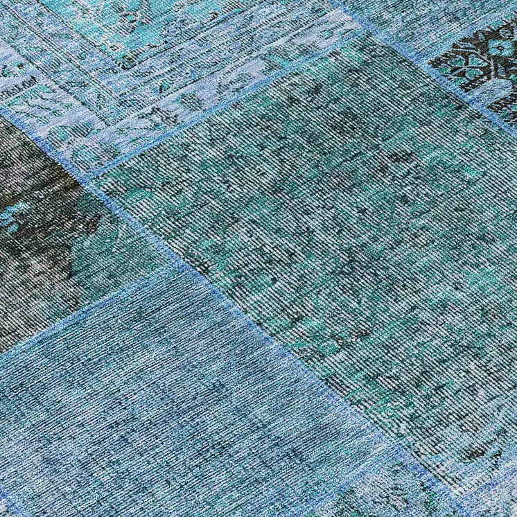 8' Teal Blue Aqua And Gray Round Patchwork Washable Indoor Outdoor Area Rug