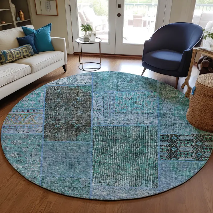 8' Teal Blue Aqua And Gray Round Patchwork Washable Indoor Outdoor Area Rug