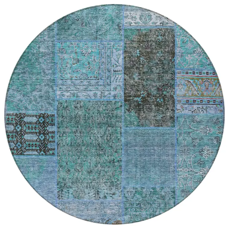 8' Teal Blue Aqua And Gray Round Patchwork Washable Indoor Outdoor Area Rug