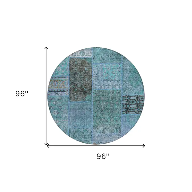 8' Teal Blue Aqua And Gray Round Patchwork Washable Indoor Outdoor Area Rug