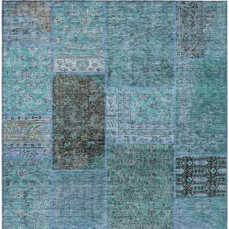 9' X 12' Teal Blue Aqua And Gray Patchwork Washable Indoor Outdoor Area Rug