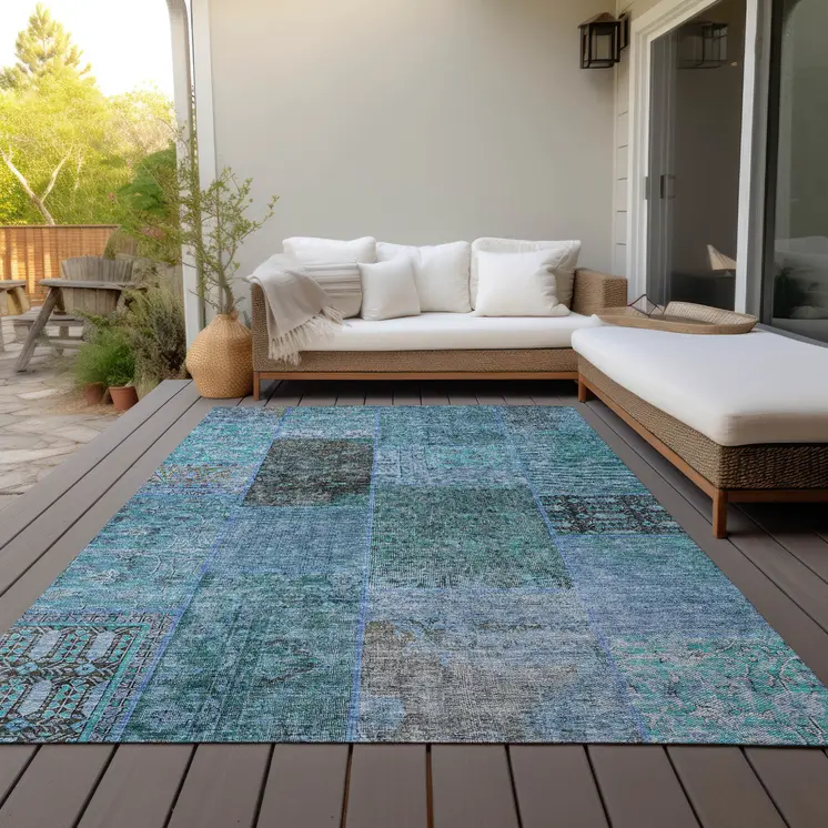 9' X 12' Teal Blue Aqua And Gray Patchwork Washable Indoor Outdoor Area Rug