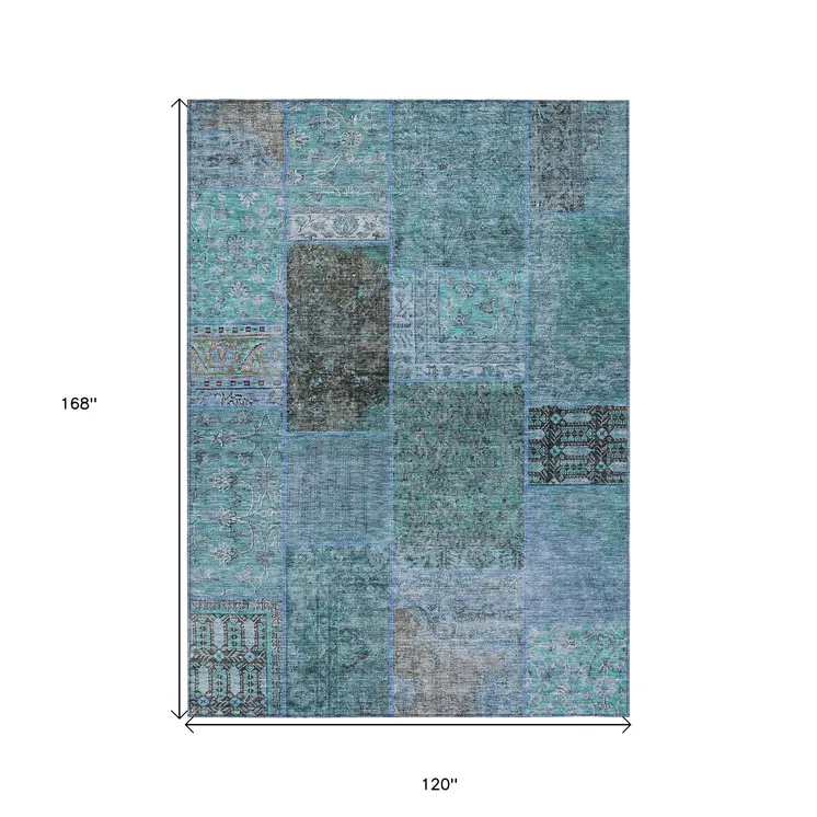 10' X 14' Teal Blue Aqua And Gray Patchwork Washable Indoor Outdoor Area Rug