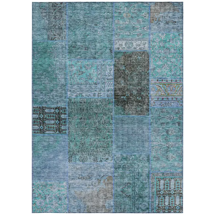 10' X 14' Teal Blue Aqua And Gray Patchwork Washable Indoor Outdoor Area Rug