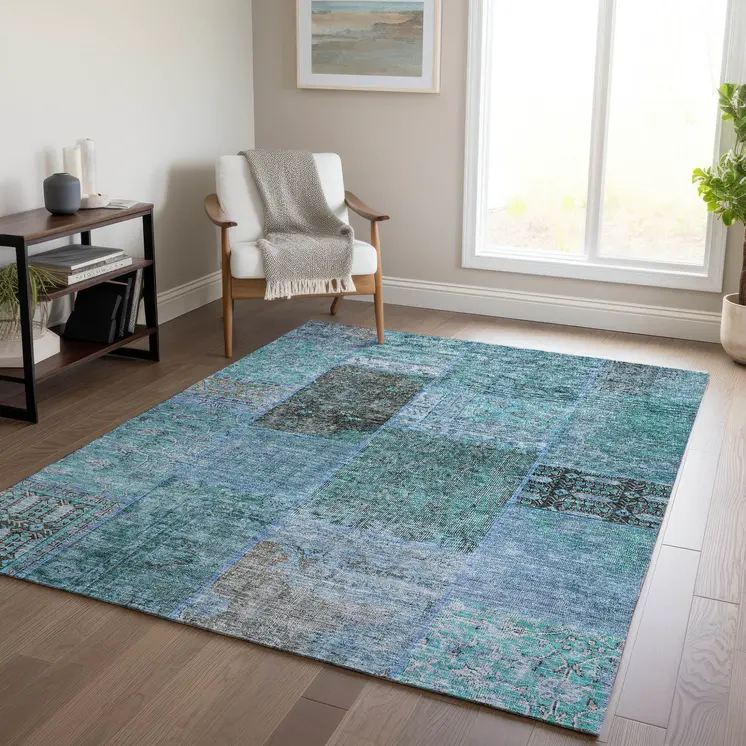 10' X 14' Teal Blue Aqua And Gray Patchwork Washable Indoor Outdoor Area Rug