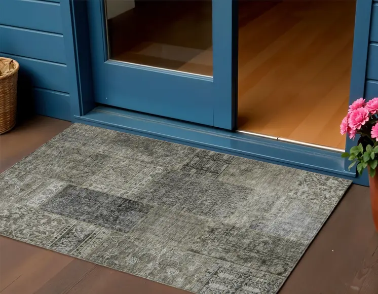 3' X 5' Taupe Brown And Charcoal Patchwork Washable Indoor Outdoor Area Rug