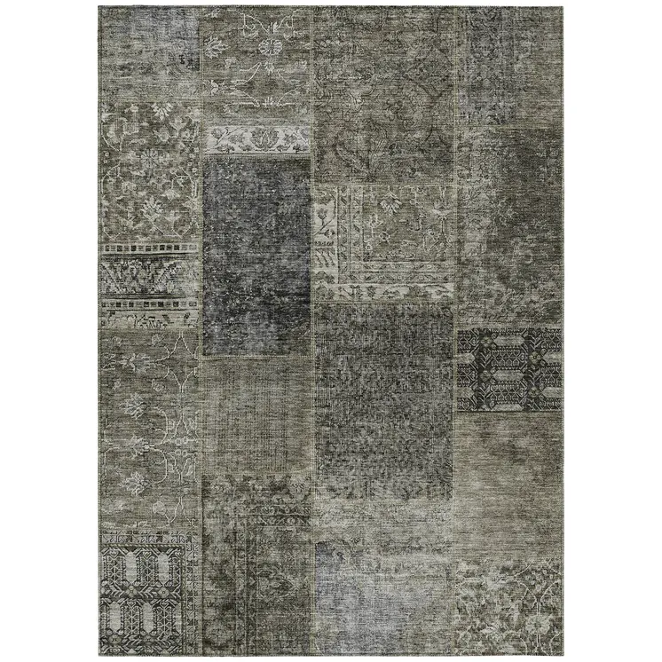 3' X 5' Taupe Brown And Charcoal Patchwork Washable Indoor Outdoor Area Rug