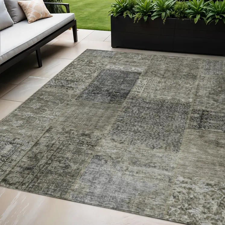 5' X 8' Taupe Brown And Charcoal Patchwork Washable Indoor Outdoor Area Rug