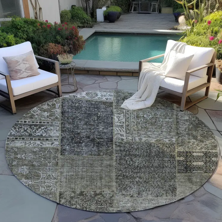 8' Taupe Brown And Charcoal Round Patchwork Washable Indoor Outdoor Area Rug