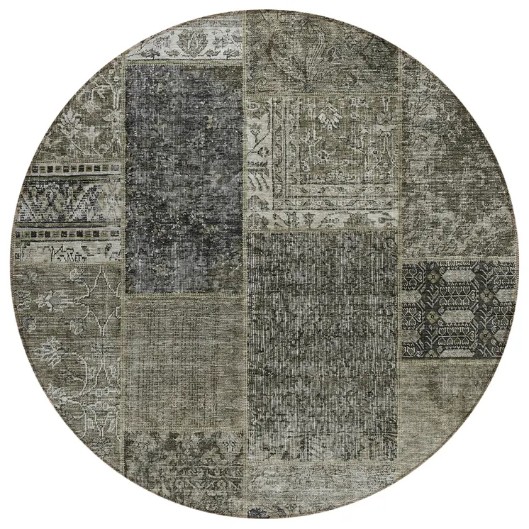 8' Taupe Brown And Charcoal Round Patchwork Washable Indoor Outdoor Area Rug