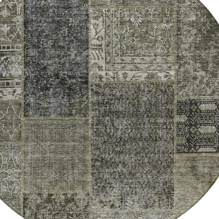 8' Taupe Brown And Charcoal Round Patchwork Washable Indoor Outdoor Area Rug