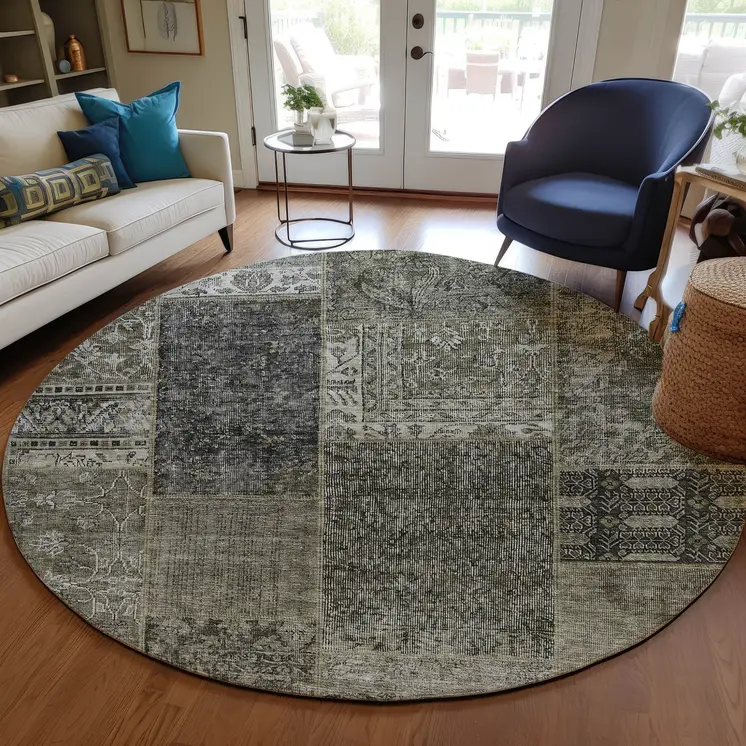 8' Taupe Brown And Charcoal Round Patchwork Washable Indoor Outdoor Area Rug