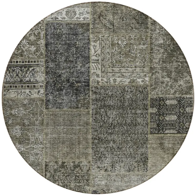 8' Taupe Brown And Charcoal Round Patchwork Washable Indoor Outdoor Area Rug