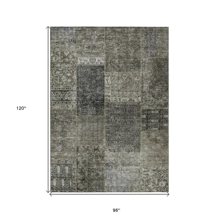 8' X 10' Taupe Brown And Charcoal Patchwork Washable Indoor Outdoor Area Rug