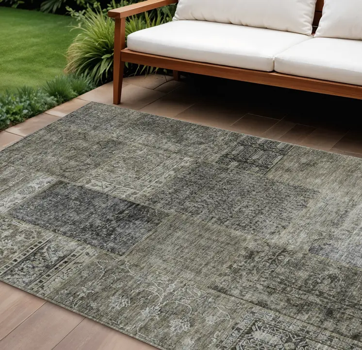 8' X 10' Taupe Brown And Charcoal Patchwork Washable Indoor Outdoor Area Rug