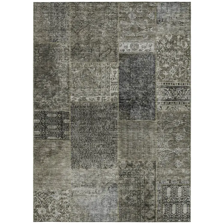 9' X 12' Taupe Brown And Charcoal Patchwork Washable Indoor Outdoor Area Rug