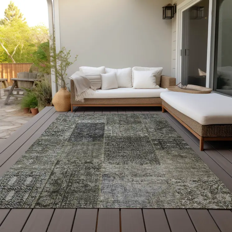 10' X 14' Taupe Brown And Charcoal Patchwork Washable Indoor Outdoor Area Rug