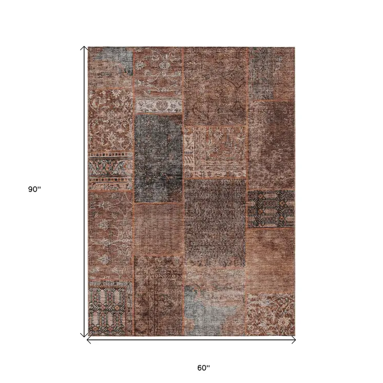 5' X 8' Terra Cotta Copper And Charcoal Patchwork Washable Indoor Outdoor Area Rug