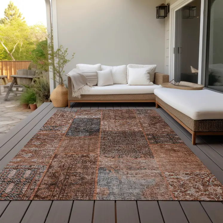 5' X 8' Terra Cotta Copper And Charcoal Patchwork Washable Indoor Outdoor Area Rug