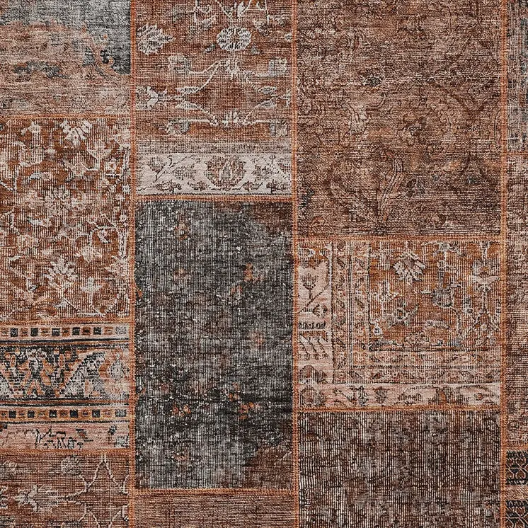 5' X 8' Terra Cotta Copper And Charcoal Patchwork Washable Indoor Outdoor Area Rug