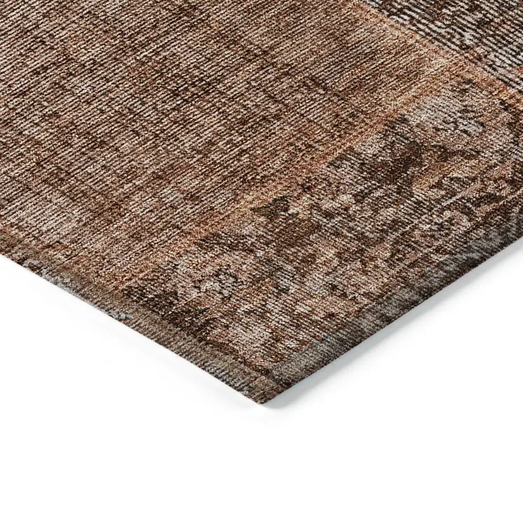 8' Terra Cotta Copper And Charcoal Round Patchwork Washable Indoor Outdoor Area Rug