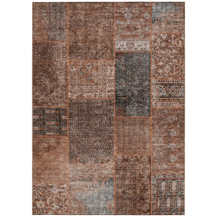 9' X 12' Terra Cotta Copper And Charcoal Patchwork Washable Indoor Outdoor Area Rug