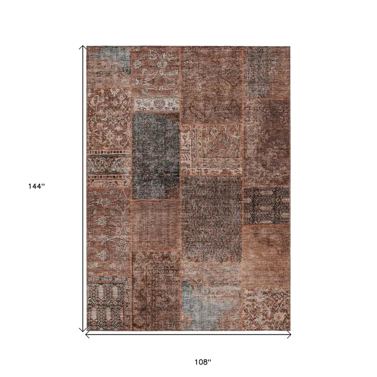 9' X 12' Terra Cotta Copper And Charcoal Patchwork Washable Indoor Outdoor Area Rug