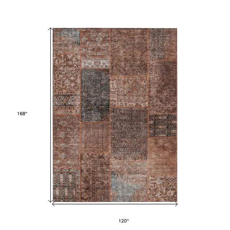 10' X 14' Terra Cotta Copper And Charcoal Patchwork Washable Indoor Outdoor Area Rug