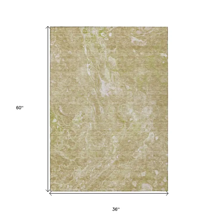 3' X 5' Beige Ivory And Artichoke Green Abstract Washable Indoor Outdoor Area Rug