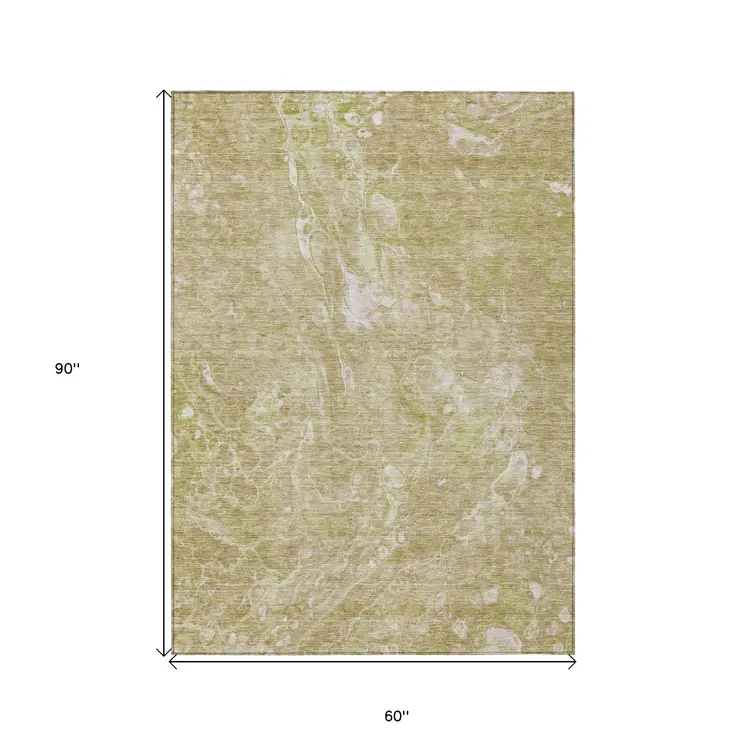 5' X 8' Beige Ivory And Artichoke Green Abstract Washable Indoor Outdoor Area Rug