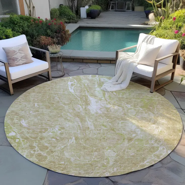 8' Beige Ivory And Artichoke Green Round Abstract Washable Indoor Outdoor Area Rug