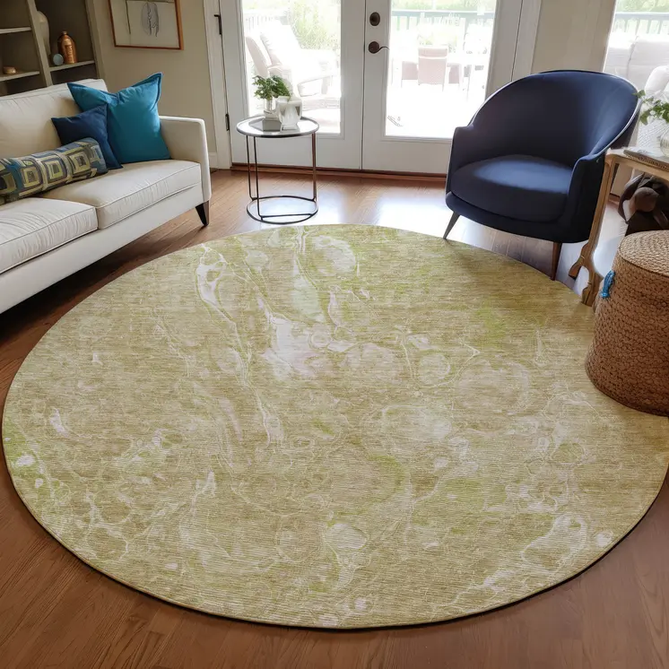 8' Beige Ivory And Artichoke Green Round Abstract Washable Indoor Outdoor Area Rug