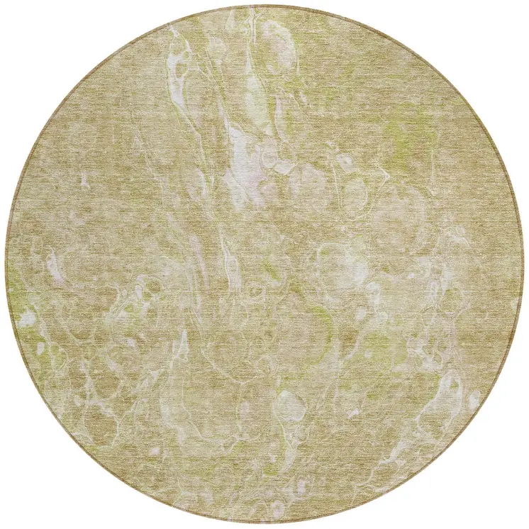 8' Beige Ivory And Artichoke Green Round Abstract Washable Indoor Outdoor Area Rug