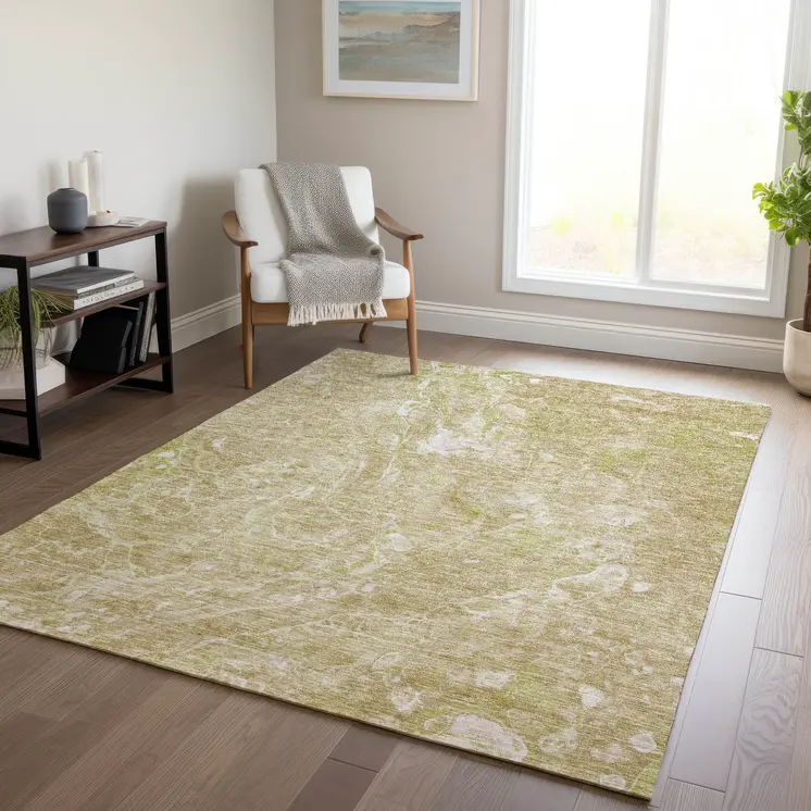 8' X 10' Beige Ivory And Artichoke Green Abstract Washable Indoor Outdoor Area Rug