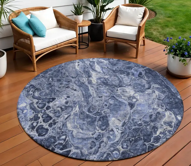 8' Navy Blue And Gray Round Abstract Washable Indoor Outdoor Area Rug