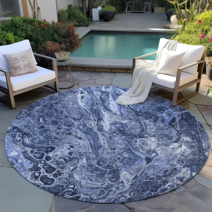 8' Navy Blue And Gray Round Abstract Washable Indoor Outdoor Area Rug