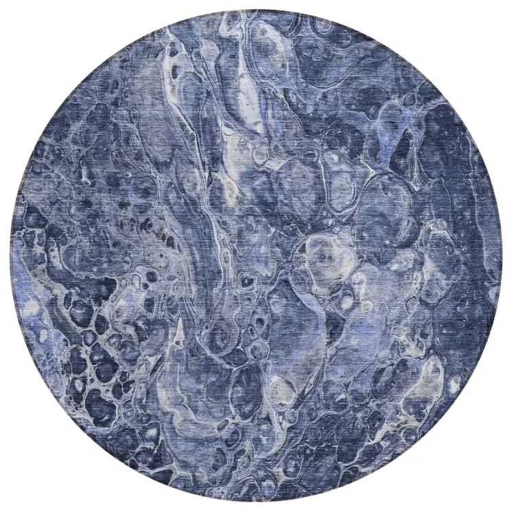 8' Navy Blue And Gray Round Abstract Washable Indoor Outdoor Area Rug