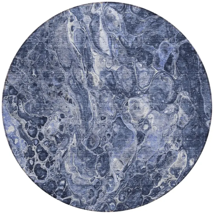8' Navy Blue And Gray Round Abstract Washable Indoor Outdoor Area Rug
