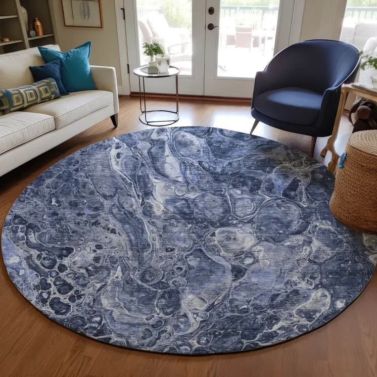 8' Navy Blue And Gray Round Abstract Washable Indoor Outdoor Area Rug